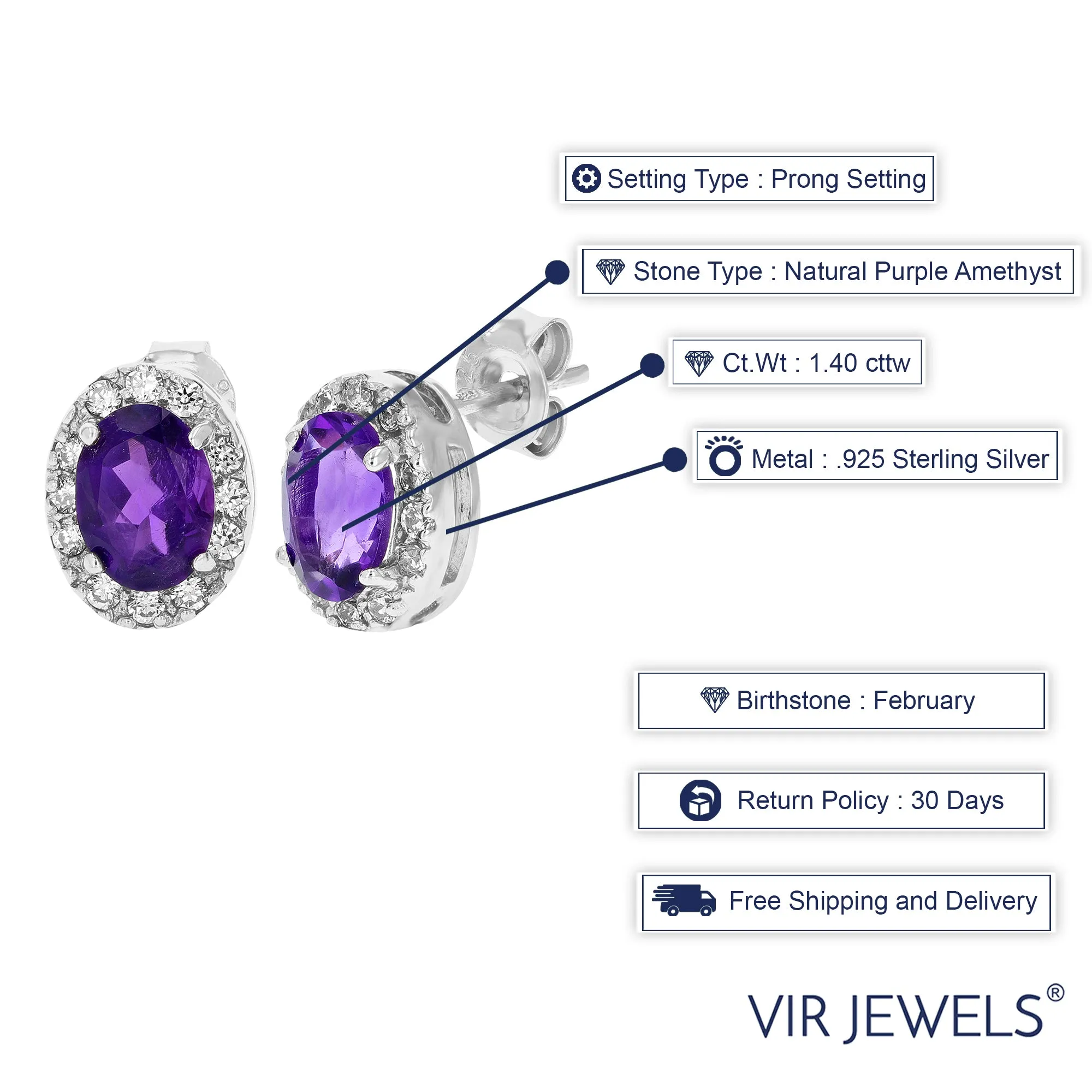 1.40 CT Oval Shape Amethyst Earrings .925 Sterling Silver