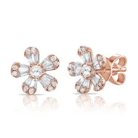 14K Rose Gold Diamond Flower Stud Earrings (Small)