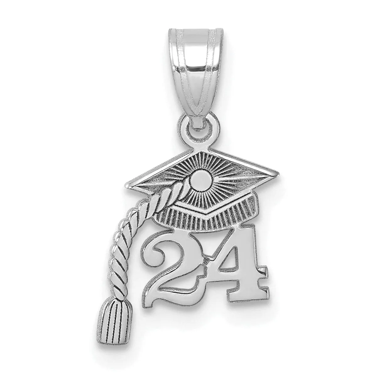 14K White Gold Grad Cap 24 with Dangling Tassel Charm, Unisex