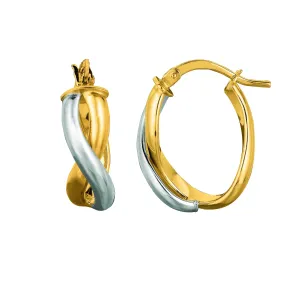 14K Yellow And White Gold Oval Shape Double Row Twisted Hoop Earrings