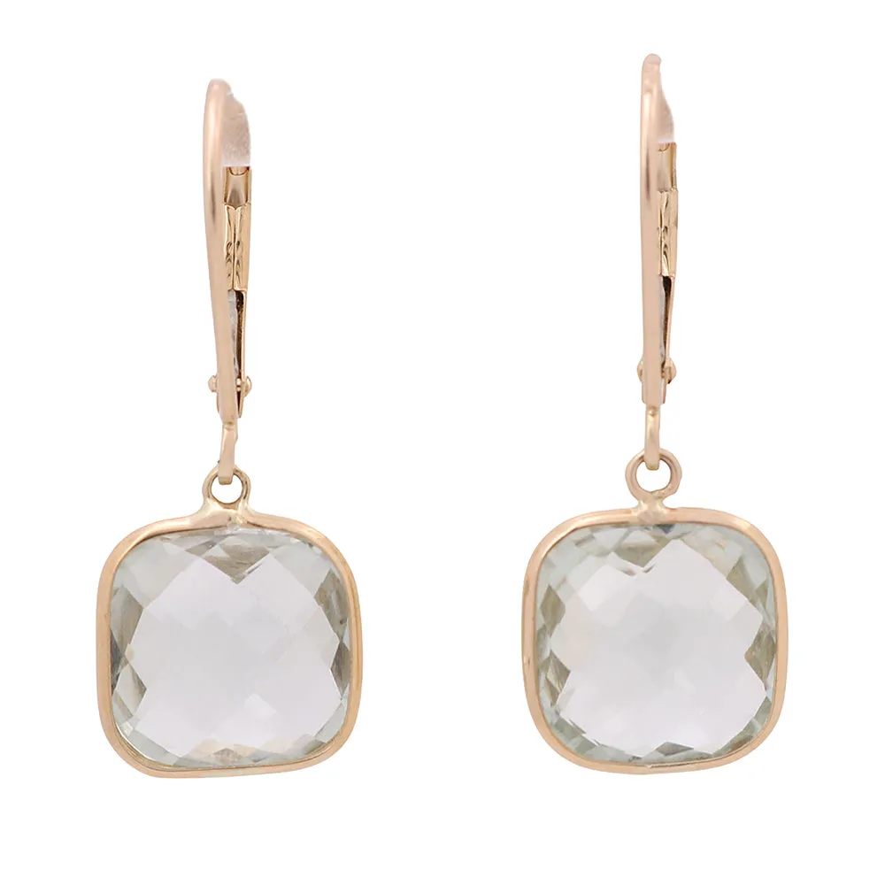 14K Yellow Gold Fashion Drop with Green Ame Cushion Women's Earrings