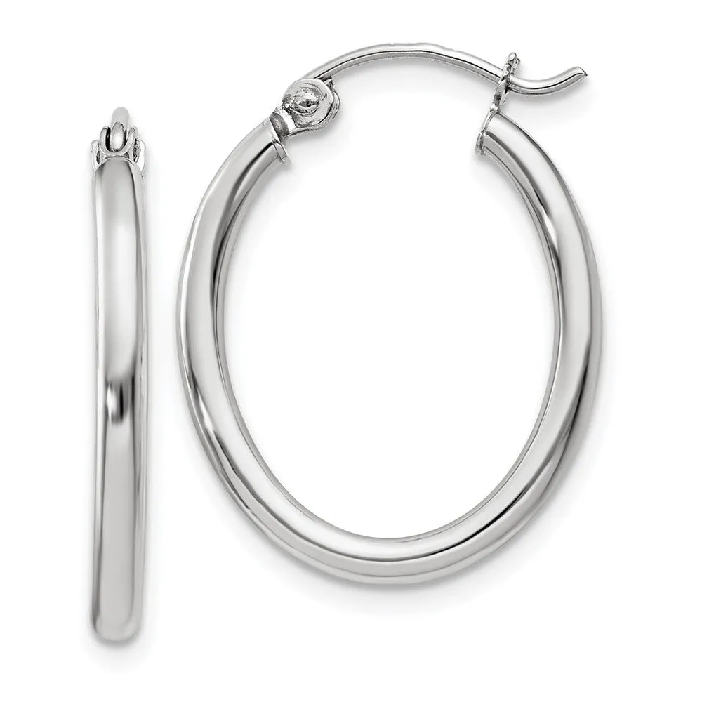 14KT White Gold Polished 2mm Oval Tube Hoop Earrings