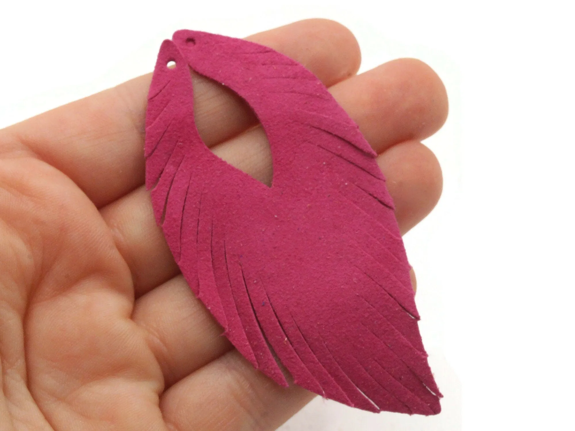 2 85mm Bright Pink Suede Leather Feather Tassel Pendants