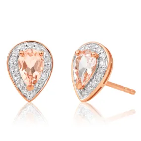 9ct Rose Gold 6x4mm Pear Morganite and 0.15ct Diamond Stud Earrings