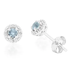 9ct White Gold 3mm Aquamarine and Diamond Halo Stud Earrings