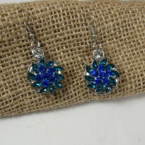 Aqua & Blue Crystal Flower & Silver Drop Earrings