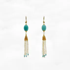 Auspicious Clouds Turquoise and Pearl Tassel Earrings