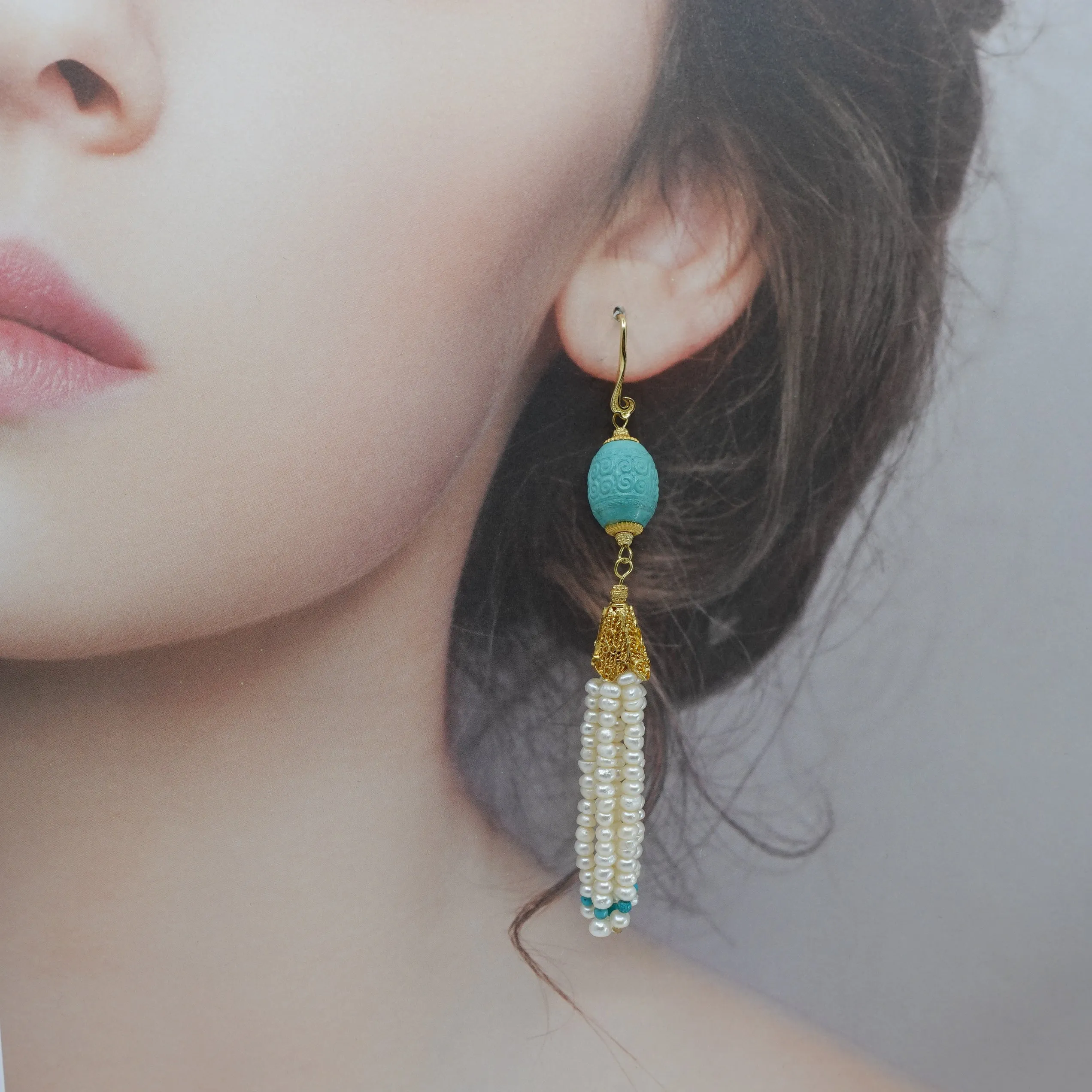 Auspicious Clouds Turquoise and Pearl Tassel Earrings