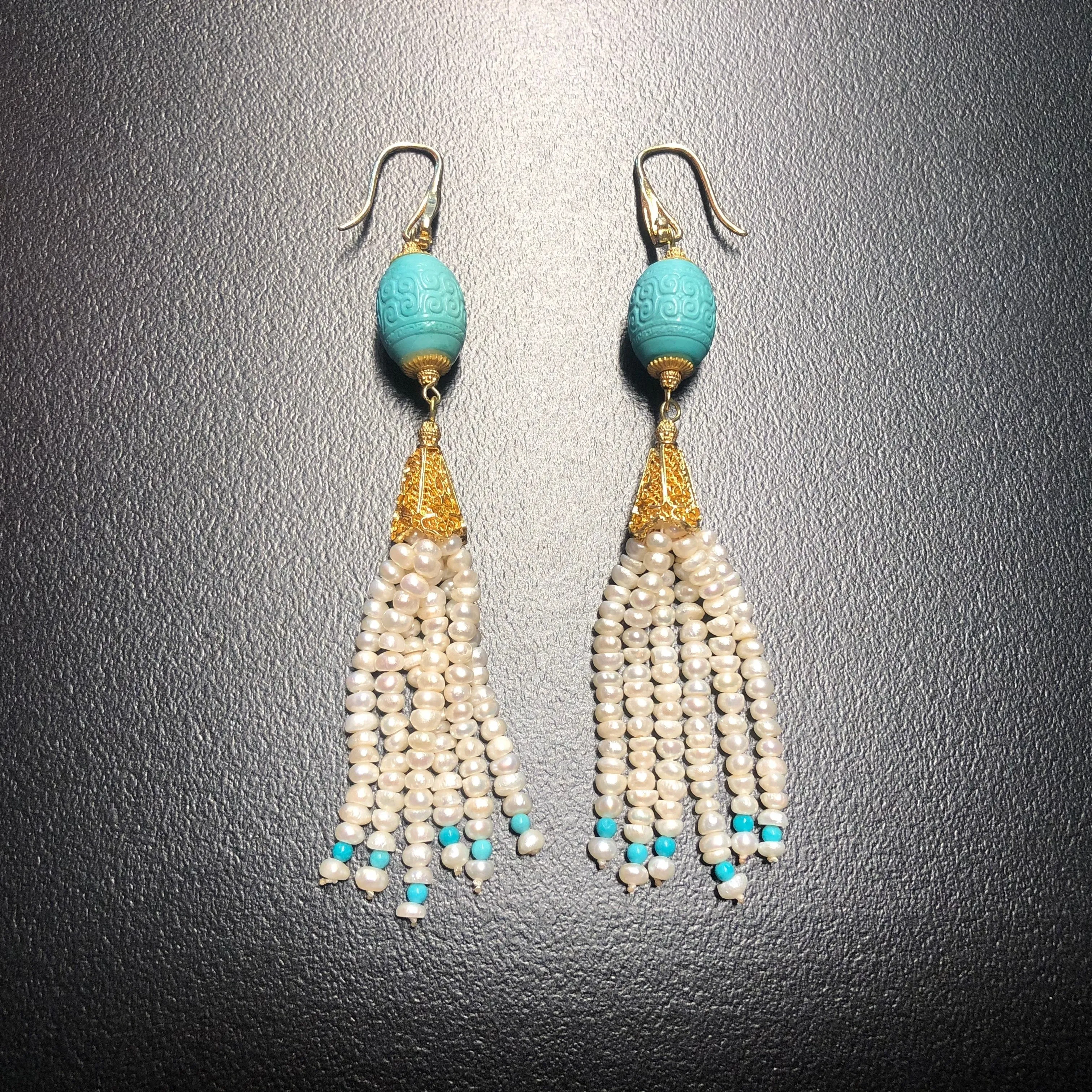 Auspicious Clouds Turquoise and Pearl Tassel Earrings