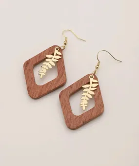 Beautiful Leaf and Wooden Geometric Drop Earrings