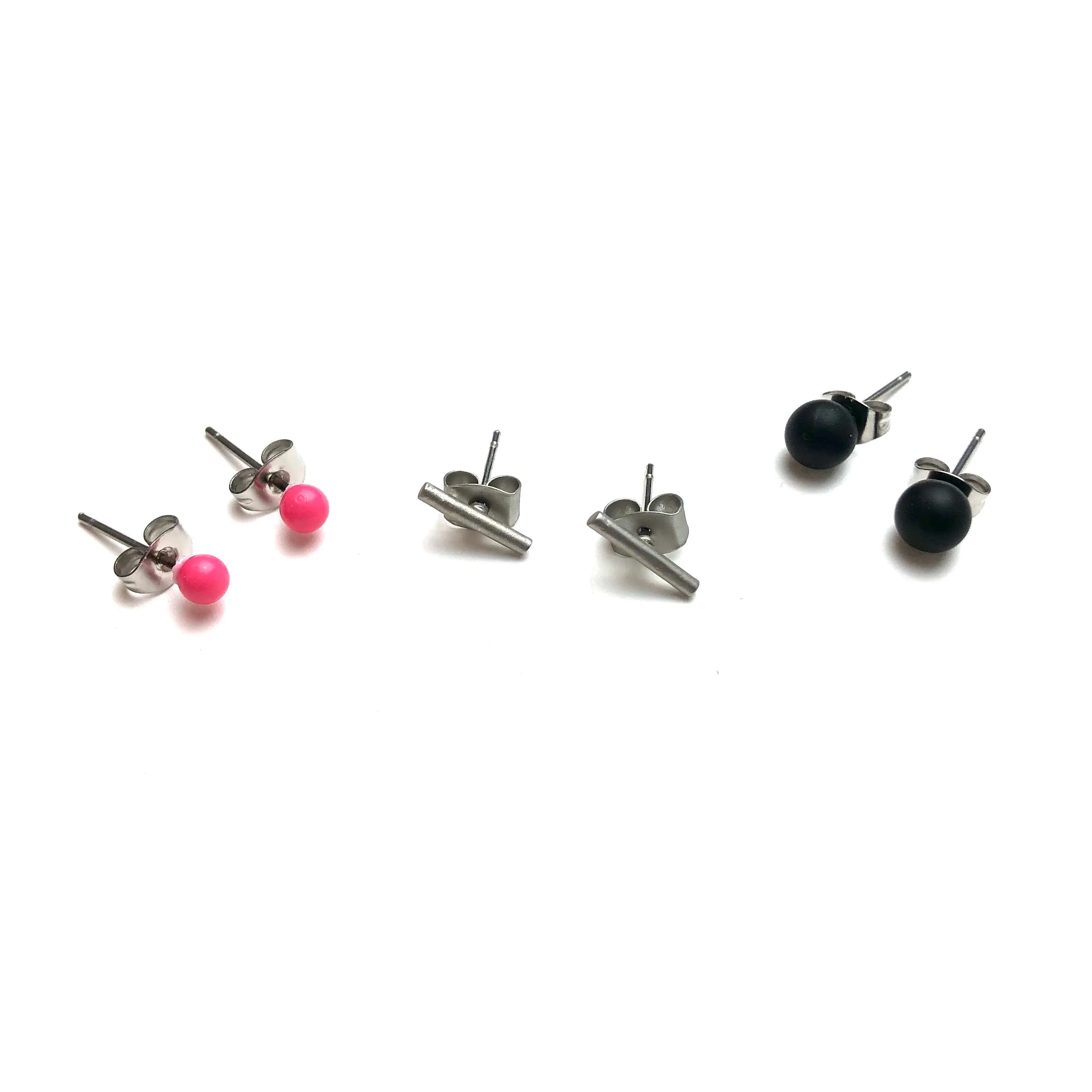 Black Frosted Silver Bars & Bright Pink Tiny Geo Stud Earrings Set