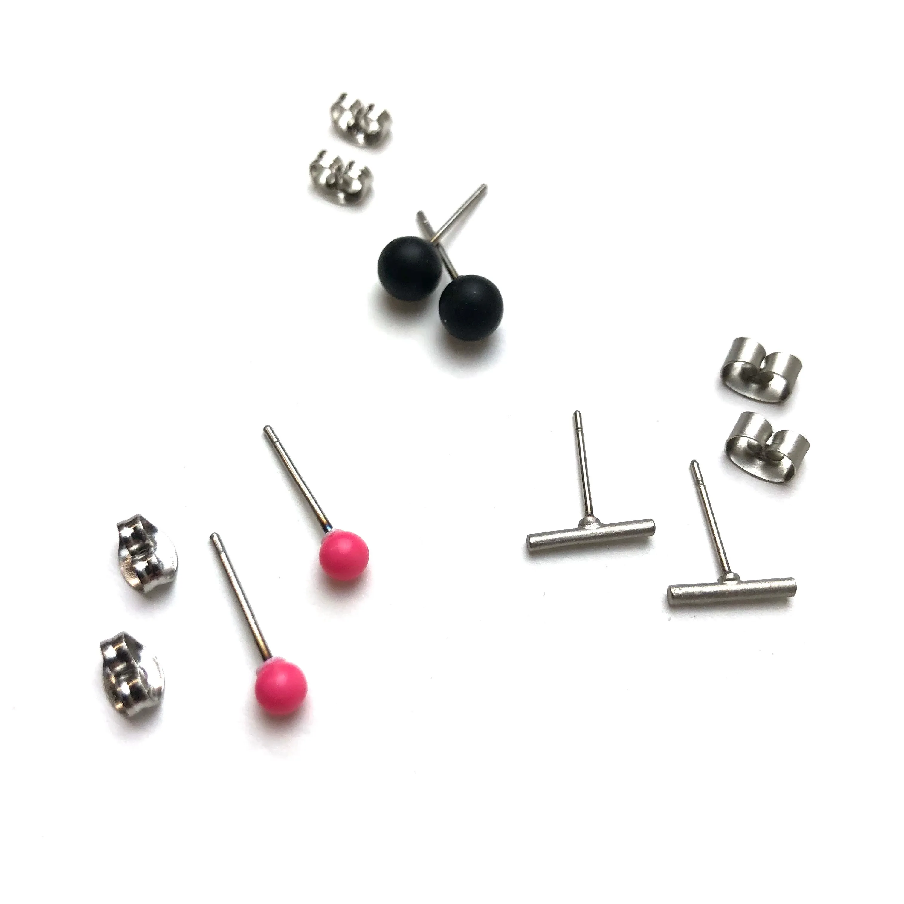 Black Frosted Silver Bars & Bright Pink Tiny Geo Stud Earrings Set