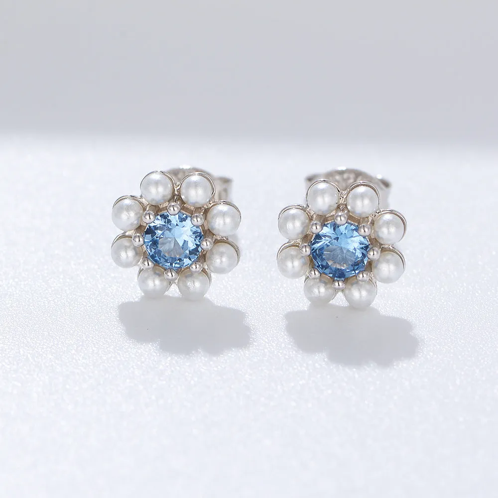 Blue Zircon Pearl Flower Earrings Stud