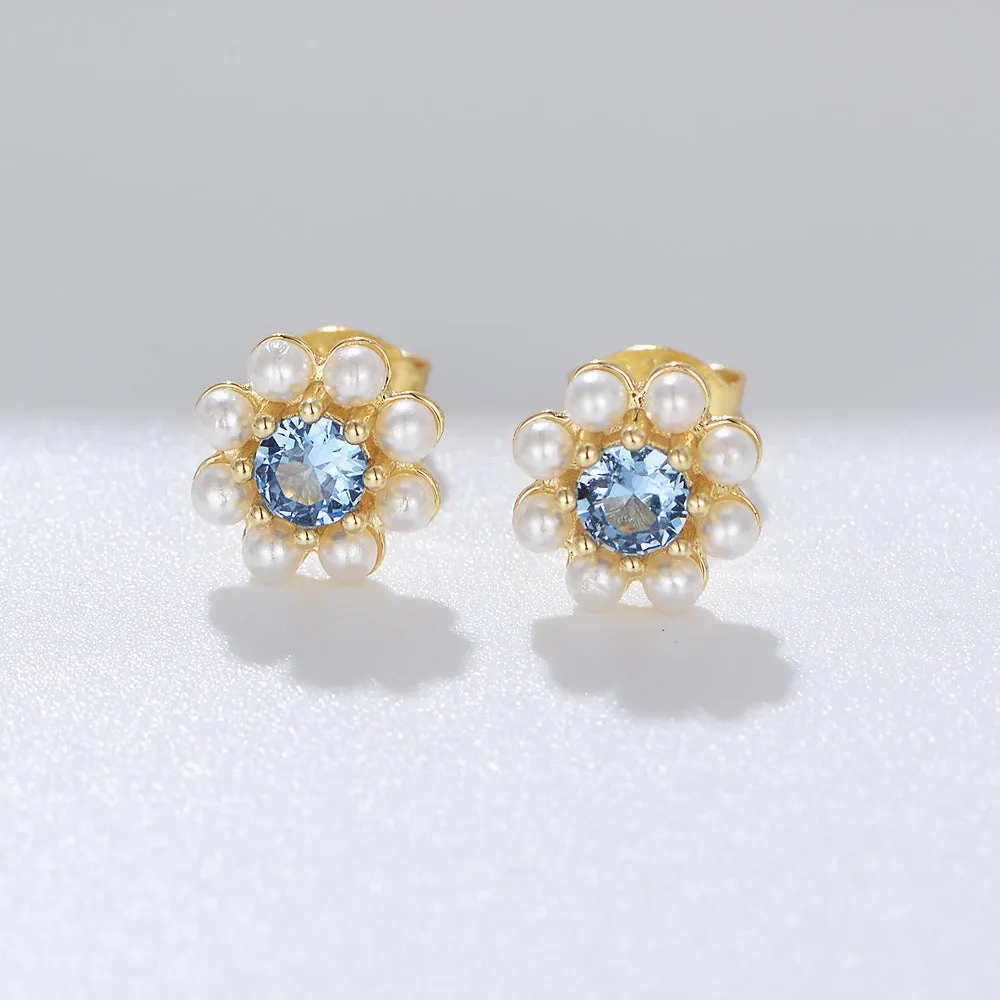 Blue Zircon Pearl Flower Earrings Stud