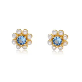 Blue Zircon Pearl Flower Earrings Stud