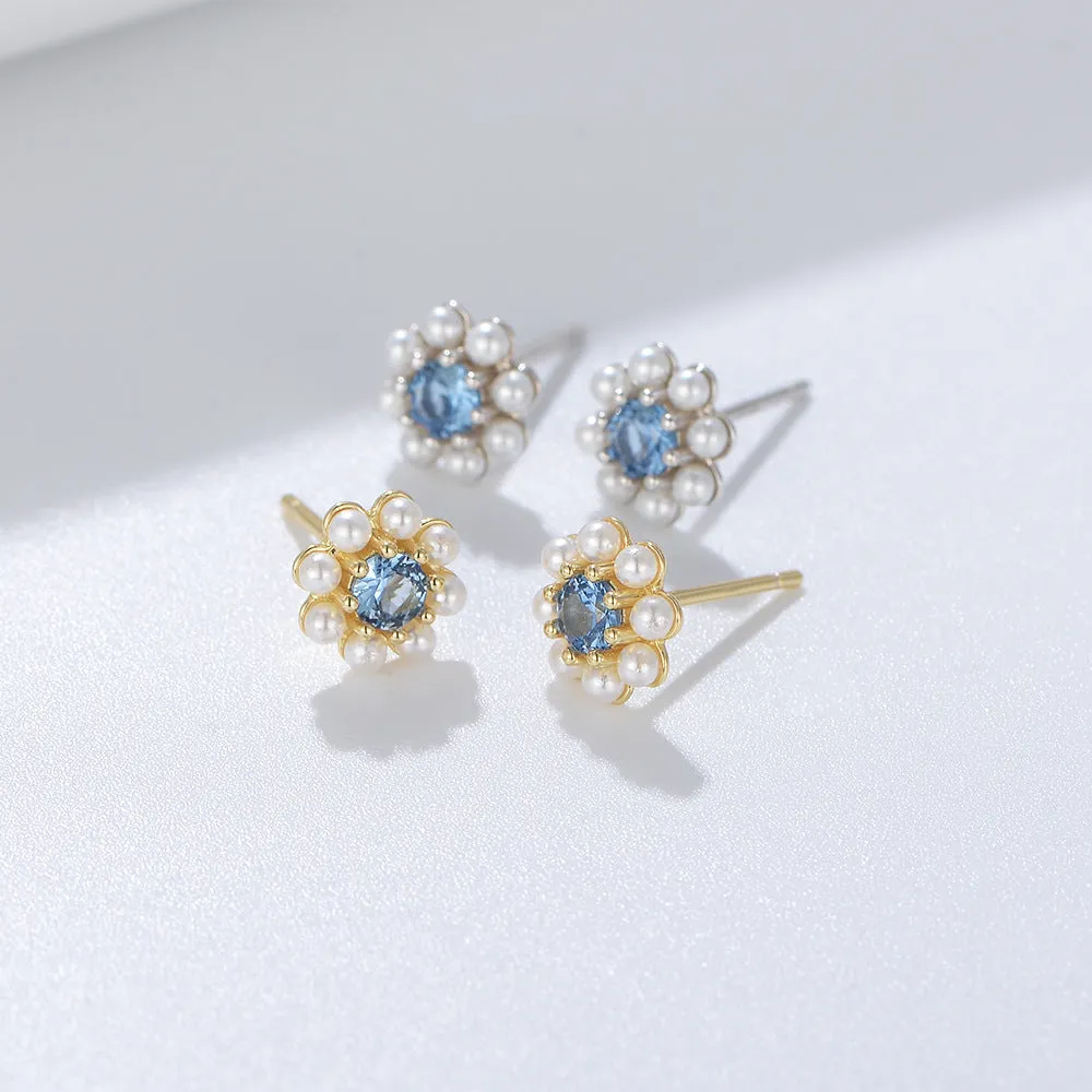 Blue Zircon Pearl Flower Earrings Stud