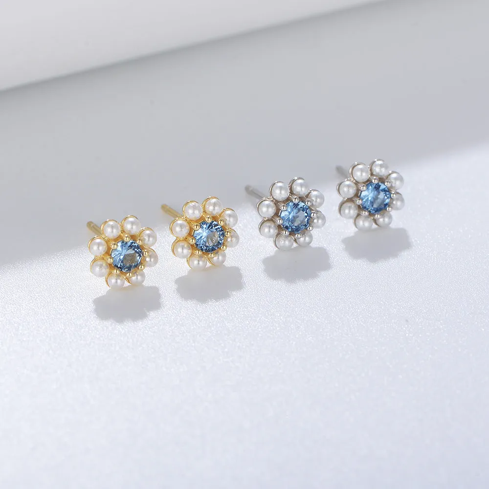 Blue Zircon Pearl Flower Earrings Stud