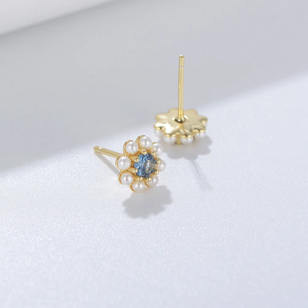 Blue Zircon Pearl Flower Earrings Stud