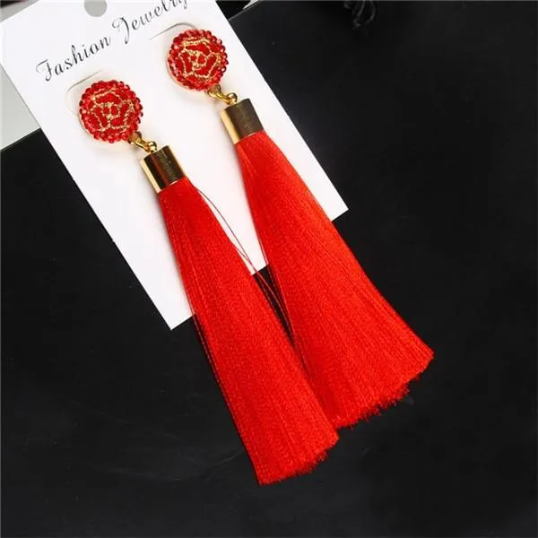 Bohemian Crystal Tassel Earrings Black White Blue Red Pink Silk Fabric Long Drop Dangle