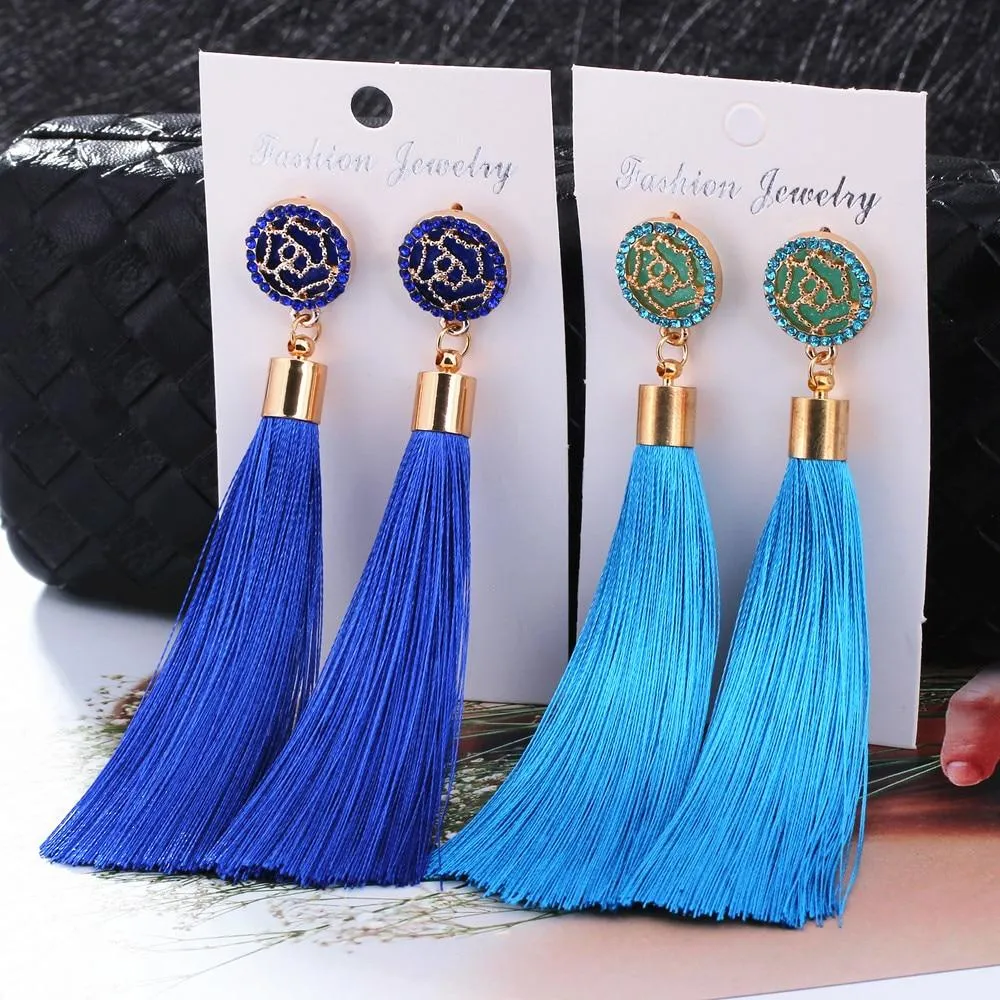 Bohemian Crystal Tassel Earrings Black White Blue Red Pink Silk Fabric Long Drop Dangle