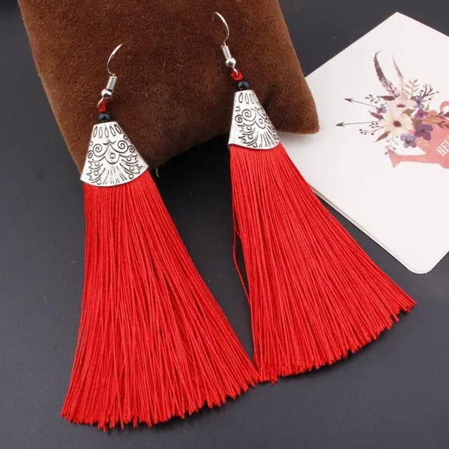 Bohemian Crystal Tassel Earrings Black White Blue Red Pink Silk Fabric Long Drop Dangle