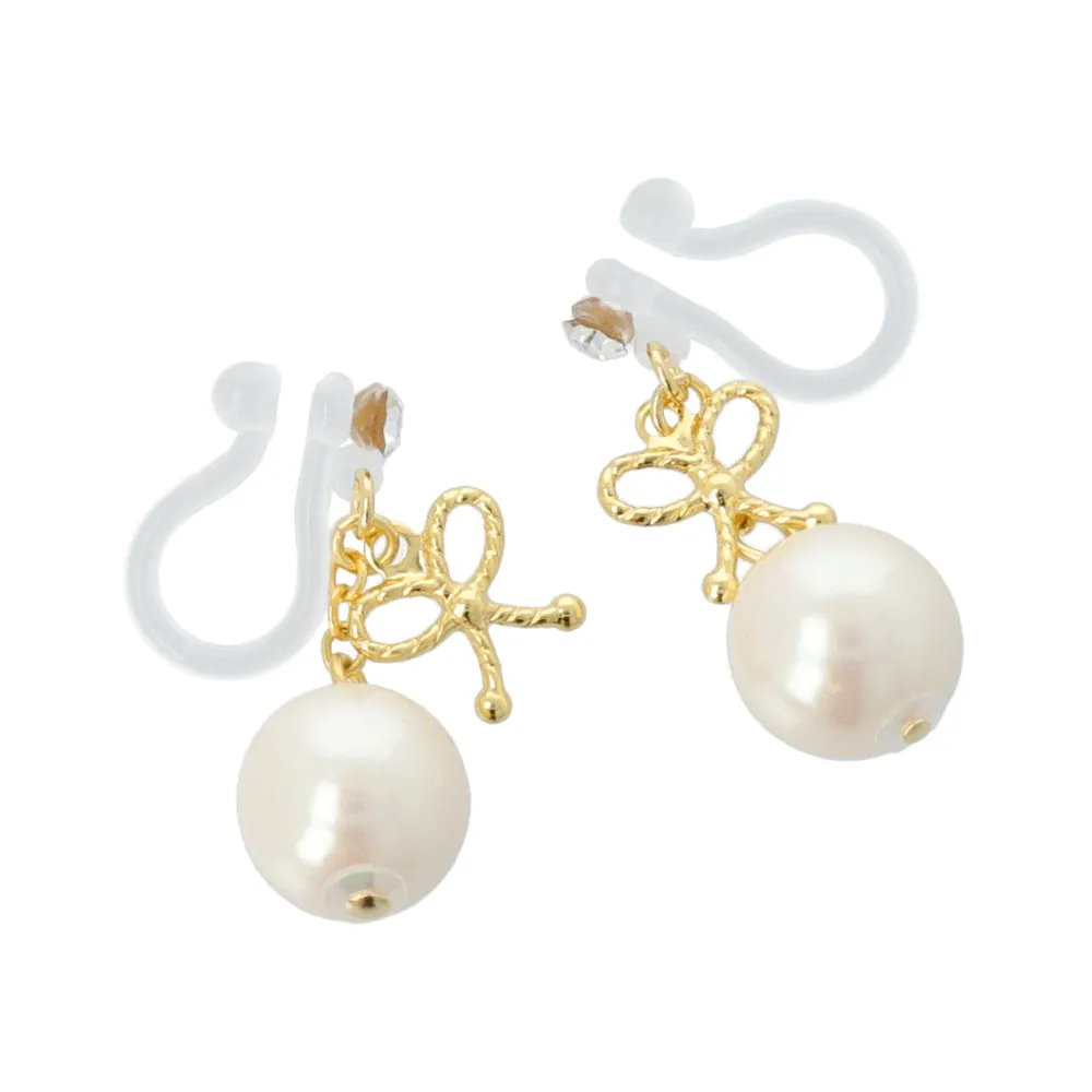 Bow and Pearl Invisible Clip On Earrings