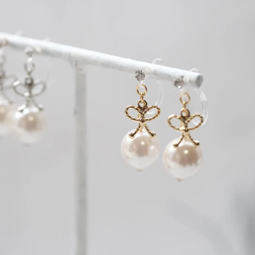 Bow and Pearl Invisible Clip On Earrings