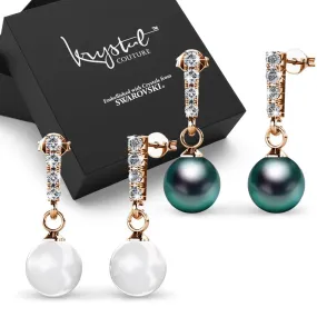 Boxed 2 Pairs Lustrous Earrings Set Embellished with SWAROVSKI Crystal Iridescent Tahitian Look Pearls in Rose Gold