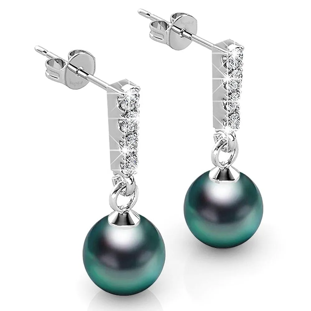 Boxed 2 Pairs Lustrous Earrings Set Embellished with SWAROVSKI Crystal Iridescent Tahitian Look Pearls in White Gold