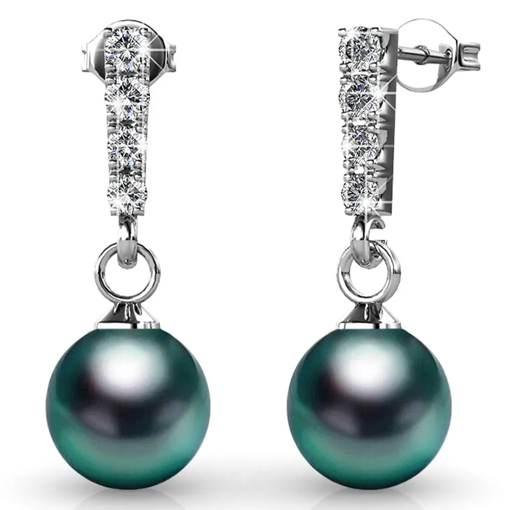 Boxed 2 Pairs Lustrous Earrings Set Embellished with SWAROVSKI Crystal Iridescent Tahitian Look Pearls in White Gold