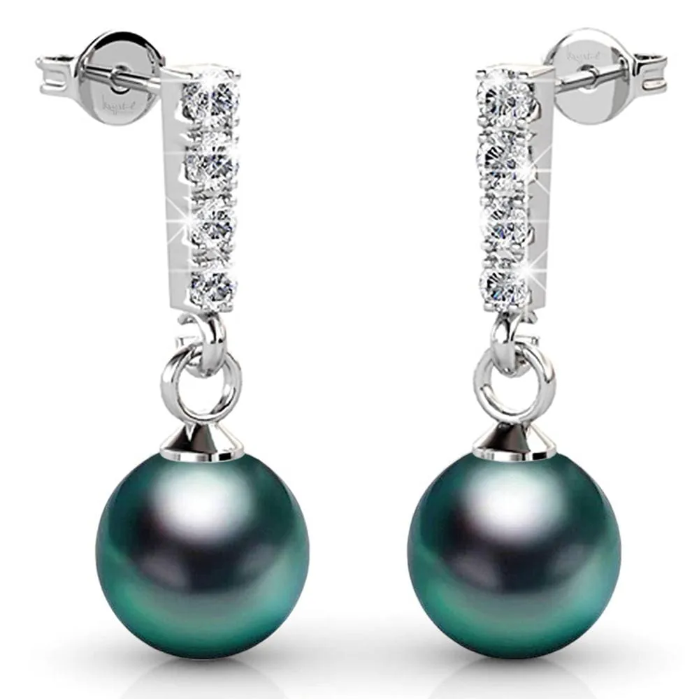 Boxed 2 Pairs Lustrous Earrings Set Embellished with SWAROVSKI Crystal Iridescent Tahitian Look Pearls in White Gold