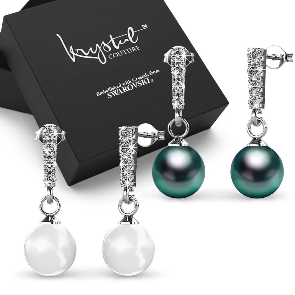 Boxed 2 Pairs Lustrous Earrings Set Embellished with SWAROVSKI Crystal Iridescent Tahitian Look Pearls in White Gold