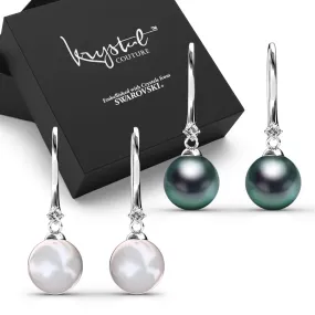 Boxed 2 Pairs Magnificent Pearl Hook Earrings Set Embellished with SWAROVSKI Crystal Iridescent Tahitian Look Pearls in White Gold