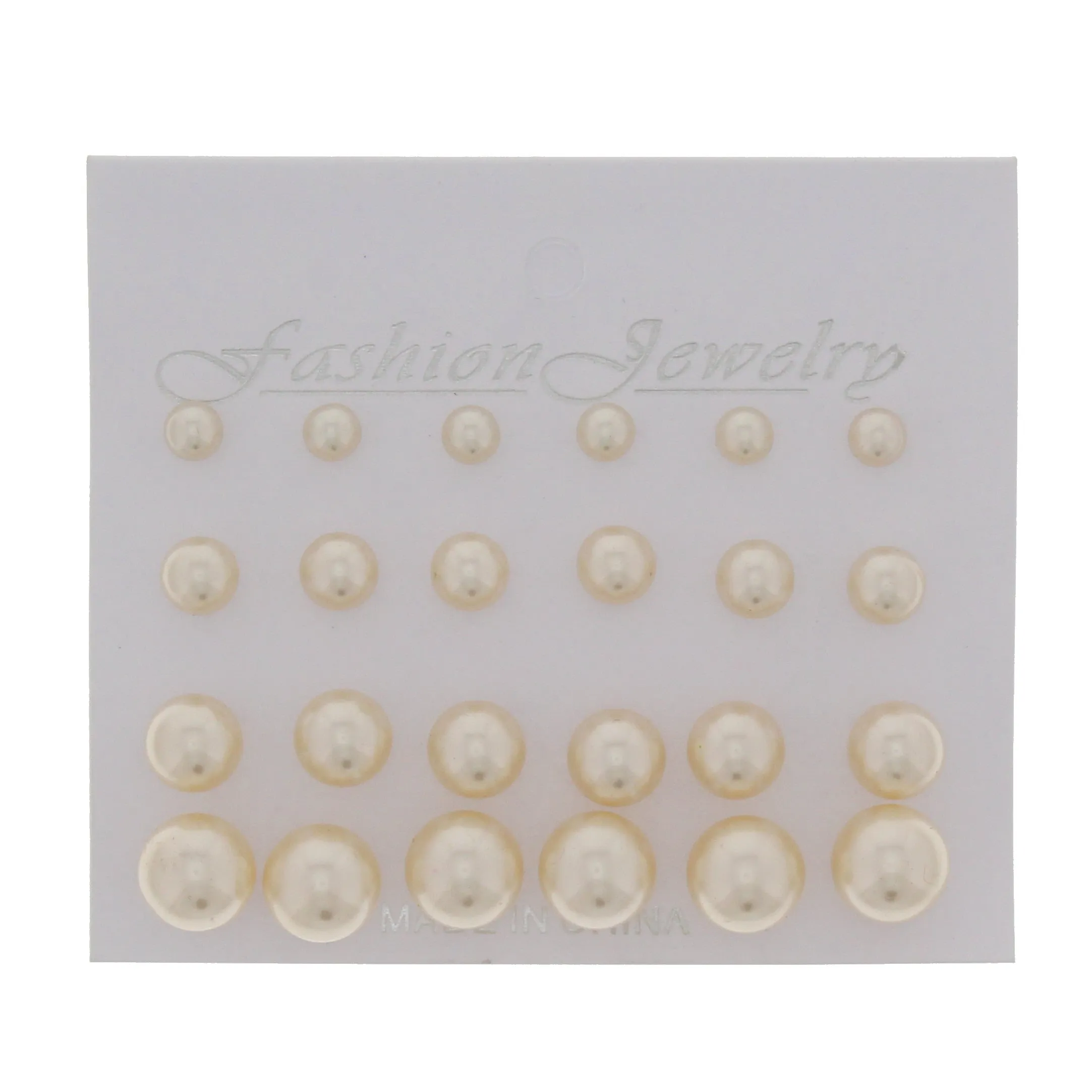 Card of 12 Pairs Assorted Size Cream Pearl Stud Earrings