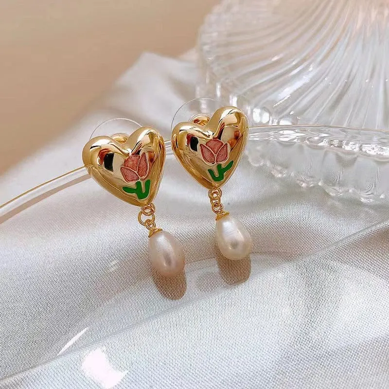 Chic Enamel Tulip Heart Pearl Earrings