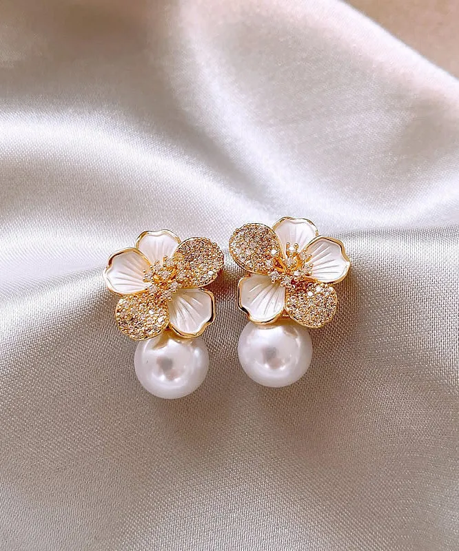 Chic White Sterling Silver Overgild Zircon Pearl Floral Stud Earrings AH704