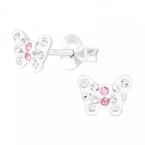 Children's Silver Butterfly Ear Studs with Crystal