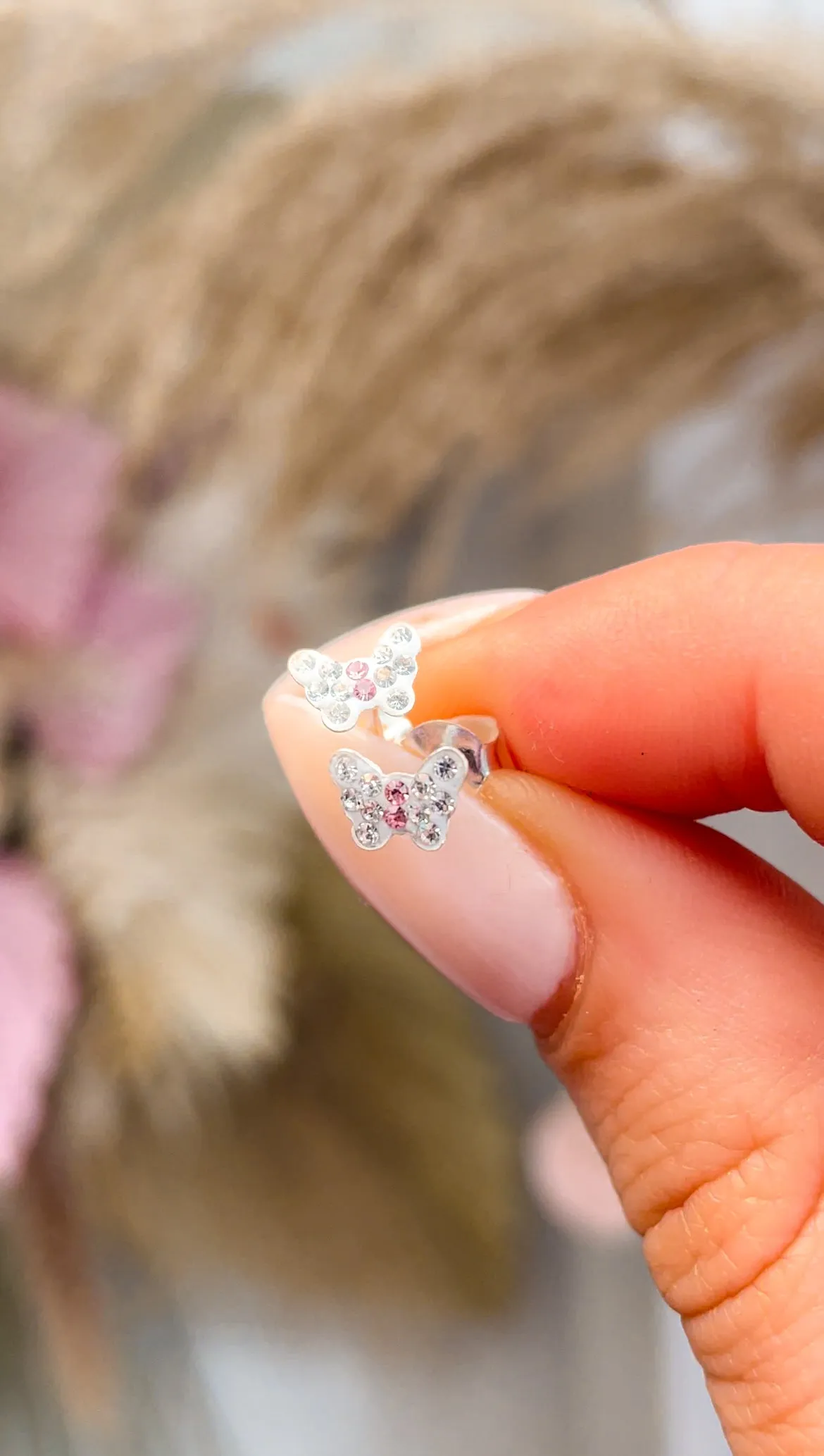 Children's Silver Butterfly Ear Studs with Crystal