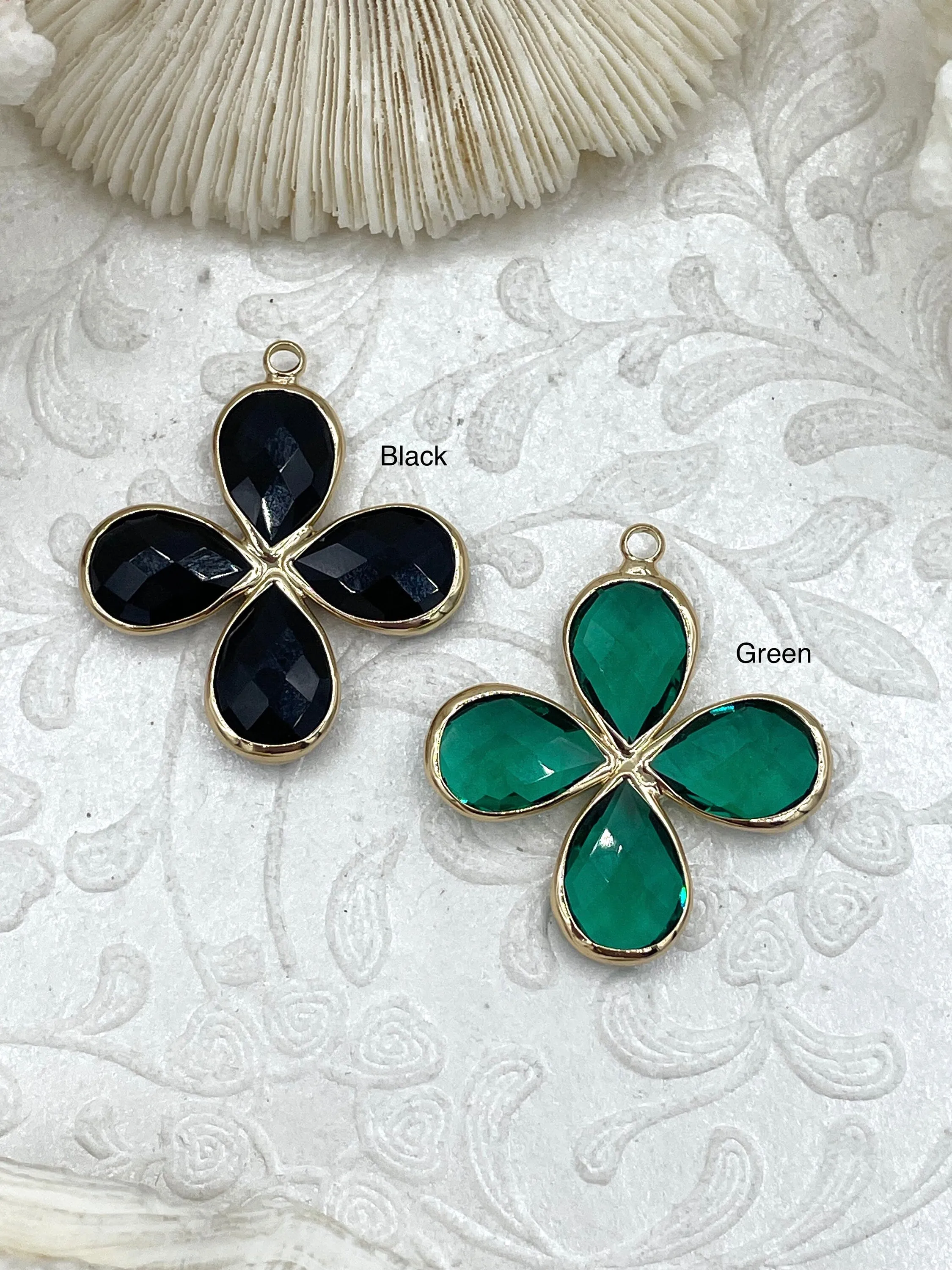 Crystal Gold Trimmed Flower Pendant. Small Flower Shape Crystal Pendant, Blue and Green Flower Crystal Charms 30mm, mm thick.  Fast Ship