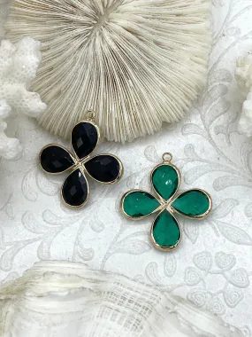 Crystal Gold Trimmed Flower Pendant. Small Flower Shape Crystal Pendant, Blue and Green Flower Crystal Charms 30mm, mm thick.  Fast Ship