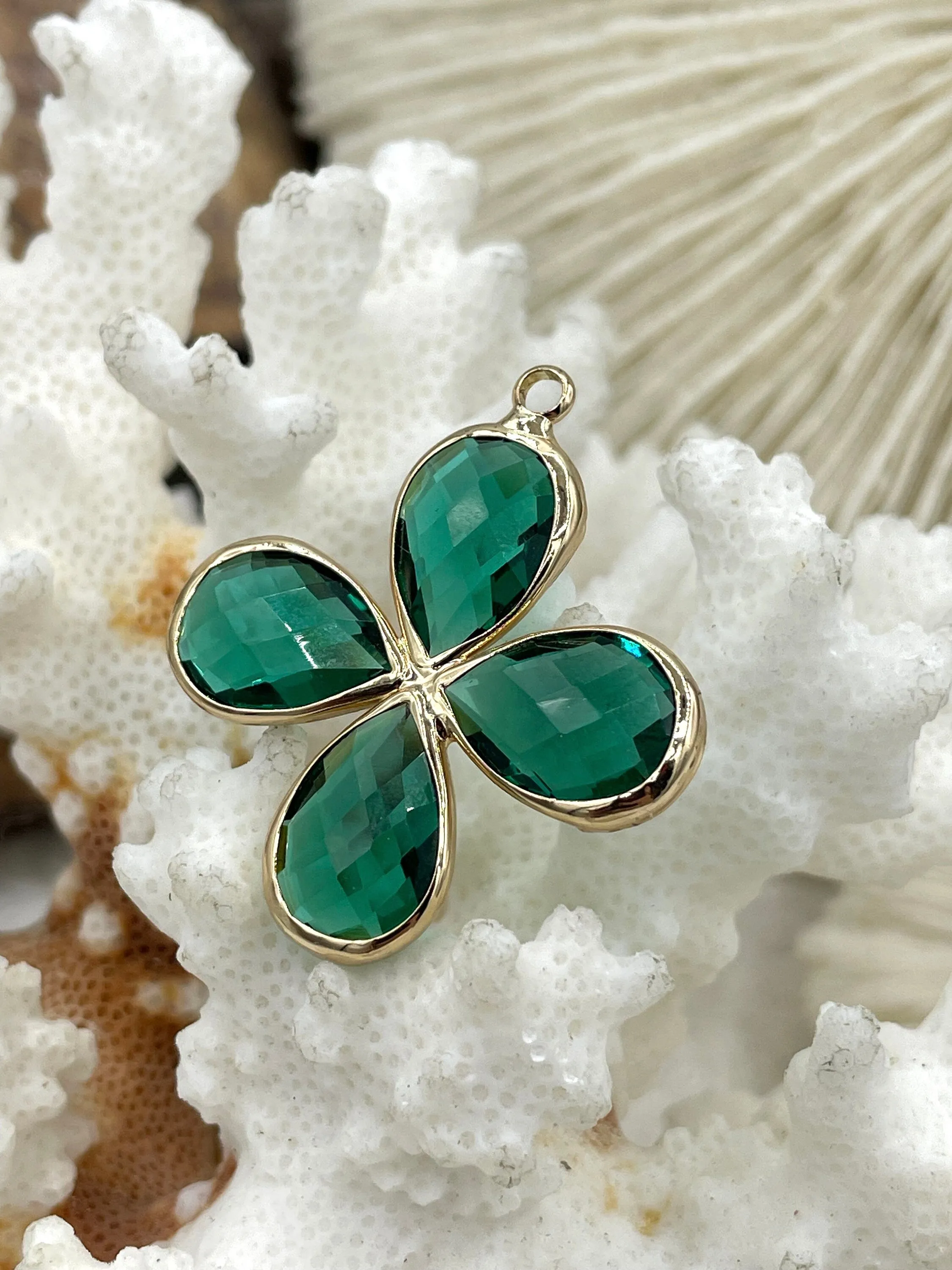 Crystal Gold Trimmed Flower Pendant. Small Flower Shape Crystal Pendant, Blue and Green Flower Crystal Charms 30mm, mm thick.  Fast Ship