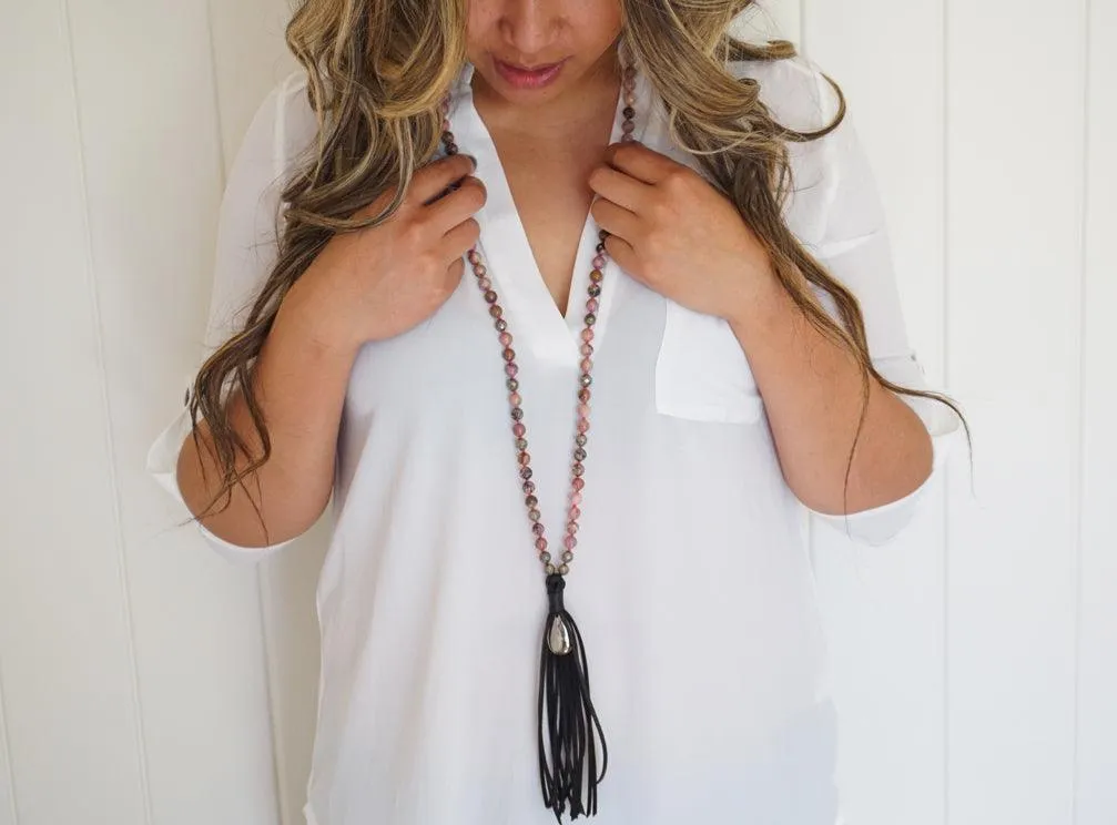 Crystal Necklace Vegan Leather Tassel