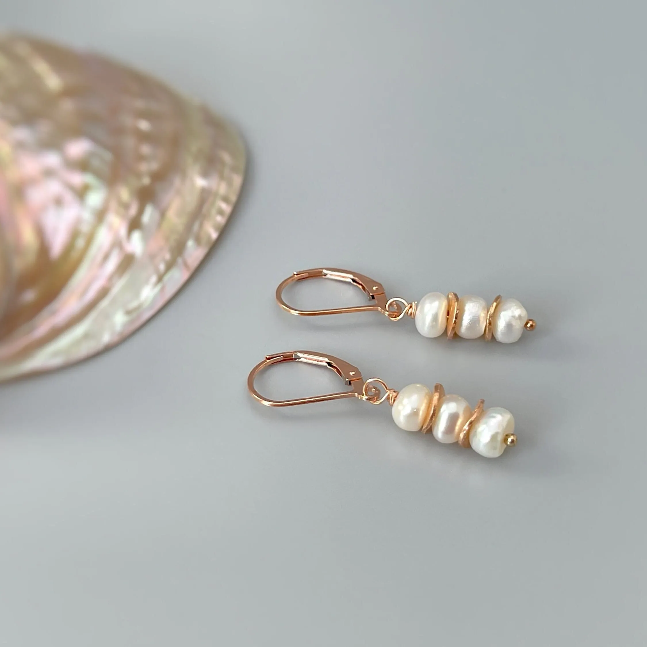 Dainty Freshwater Pearl Drop Earrings, Rose Gold Boho 14k Gold Sterling Silver