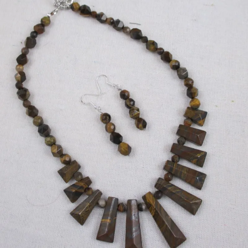 Designer Tiger Eye Gemstone Rich Brown Bib Necklace & Earrings