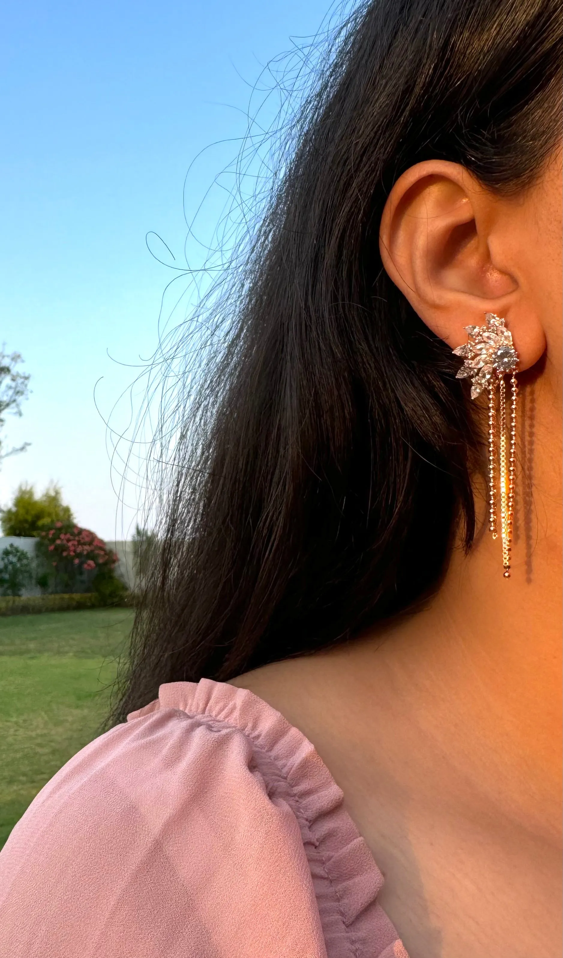 Ear Spike Chain Tassel Rose gold Rhinestone Dangle Earrings