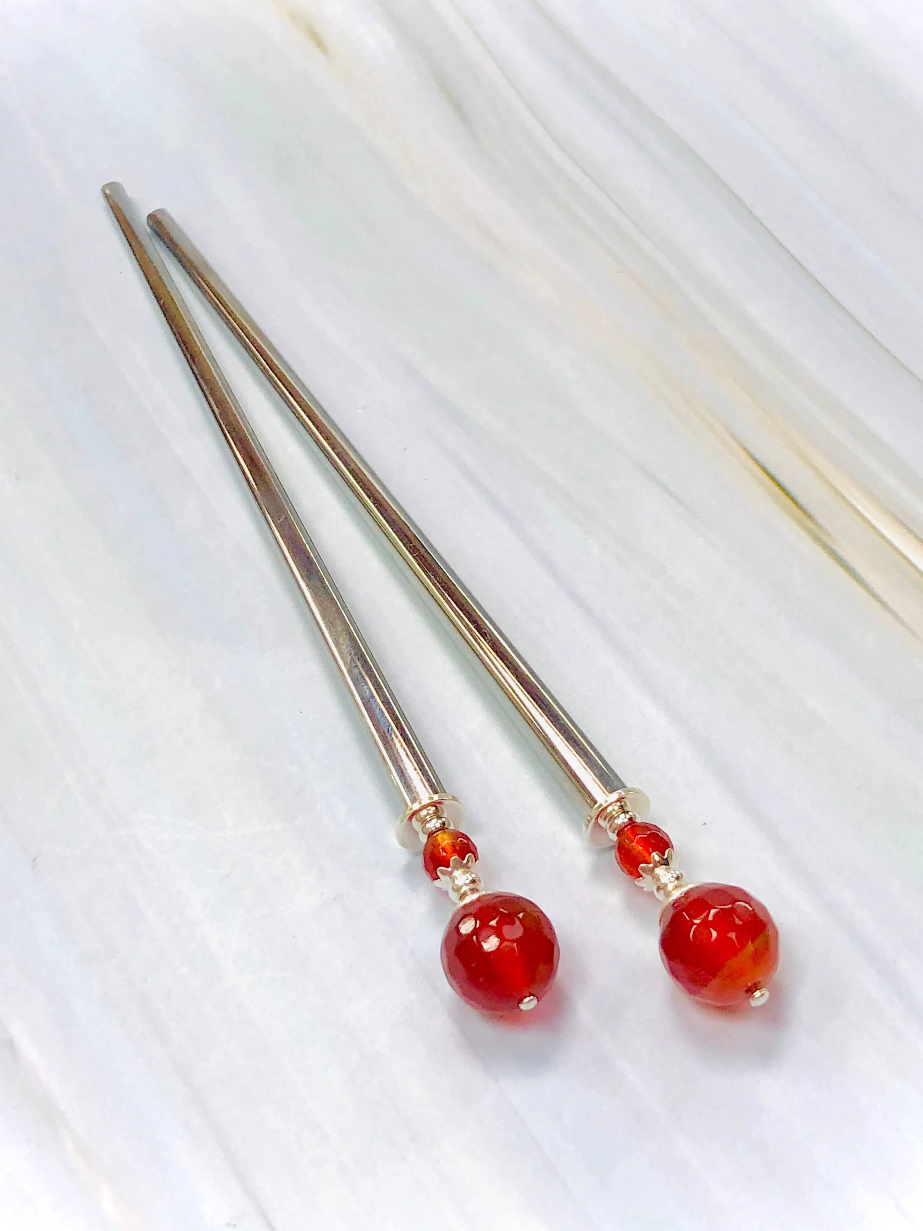 Faceted Carnelian Gemstone Hair Sticks, silver Carnelian Hair Pin, shawl pin, sweater pin,