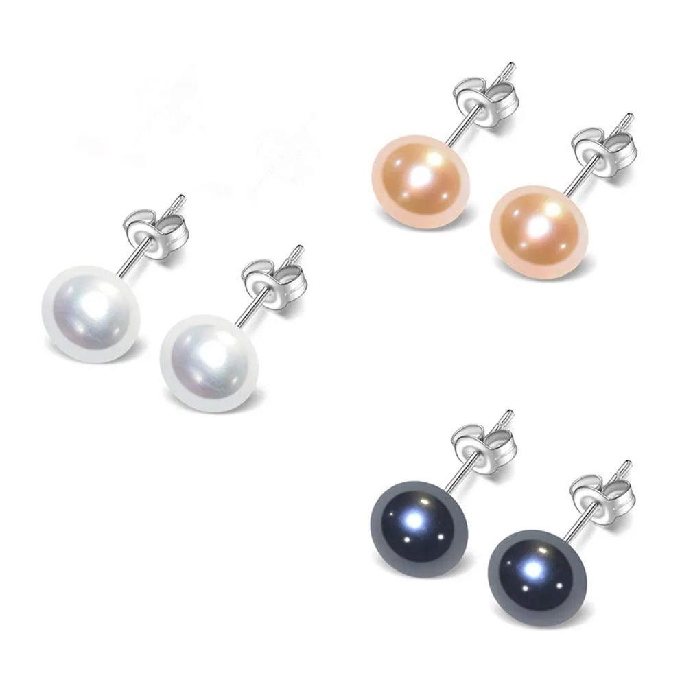 Freshwater Pearl Stud Earrings For Women - White, Pink, Black, Grey - 7mm Pearl