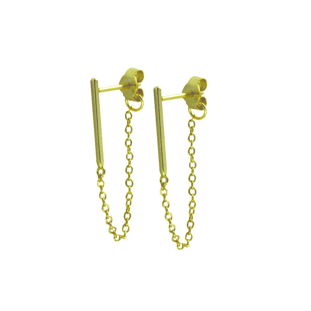 Gold-Dipped Mini Bar Studs with Chain Earrings