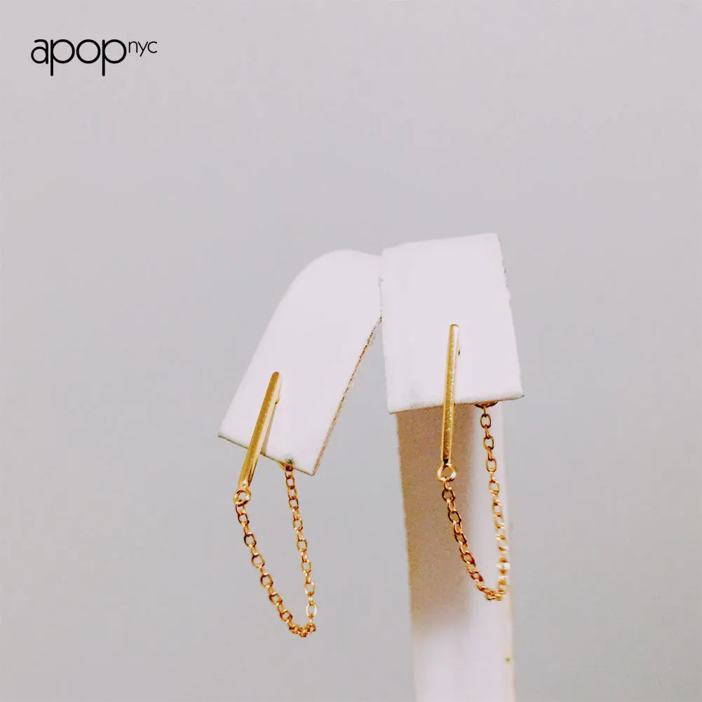 Gold-Dipped Mini Bar Studs with Chain Earrings