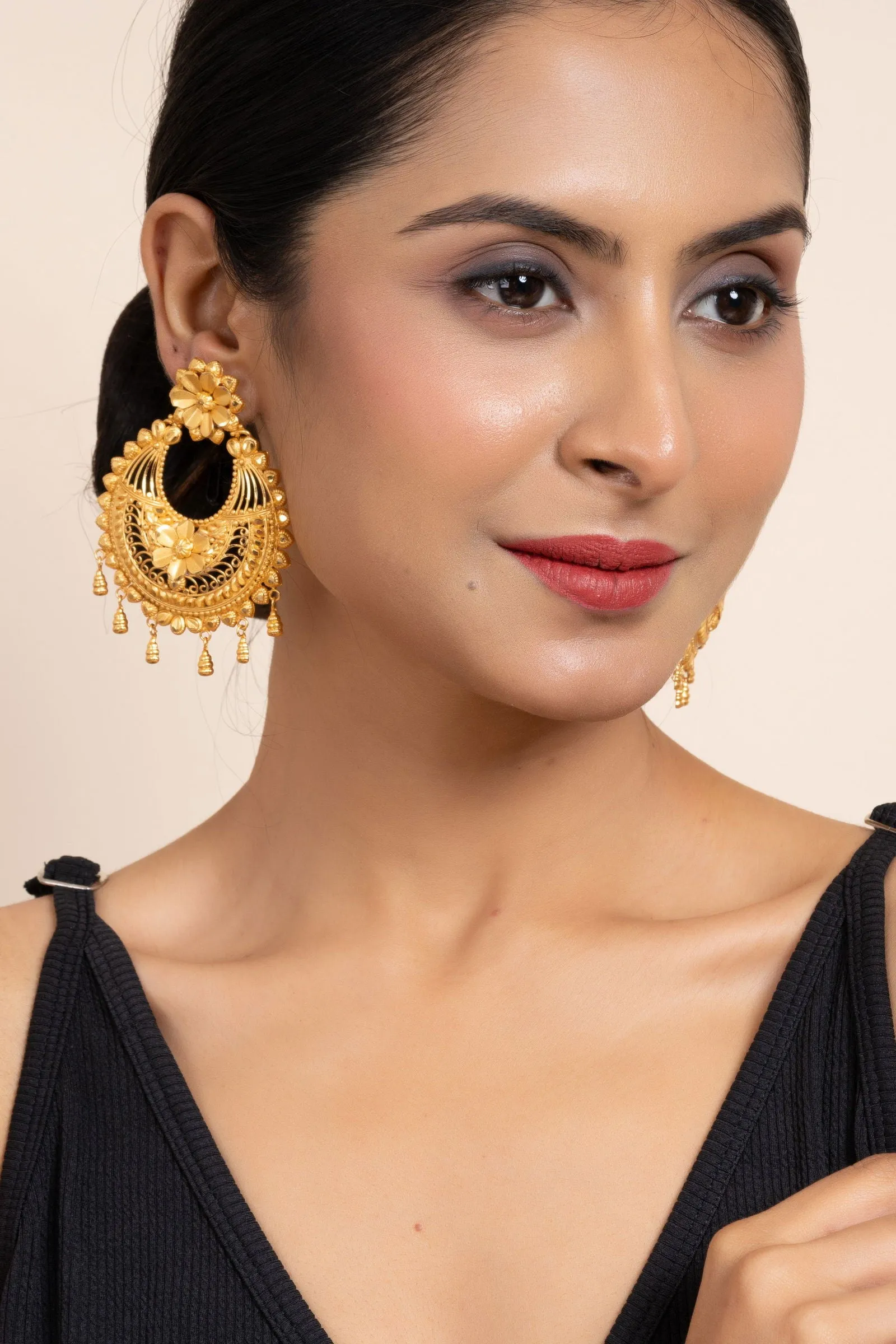 Gold Plated Jumbo Chandbali with Floral Design Stud Earrings - Elegant Accessories